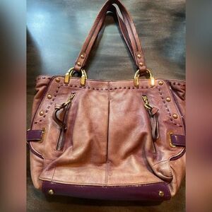 B. Makowski Shoulder Bag Womens Brown Large Leather Gold Hardware Studded Purse